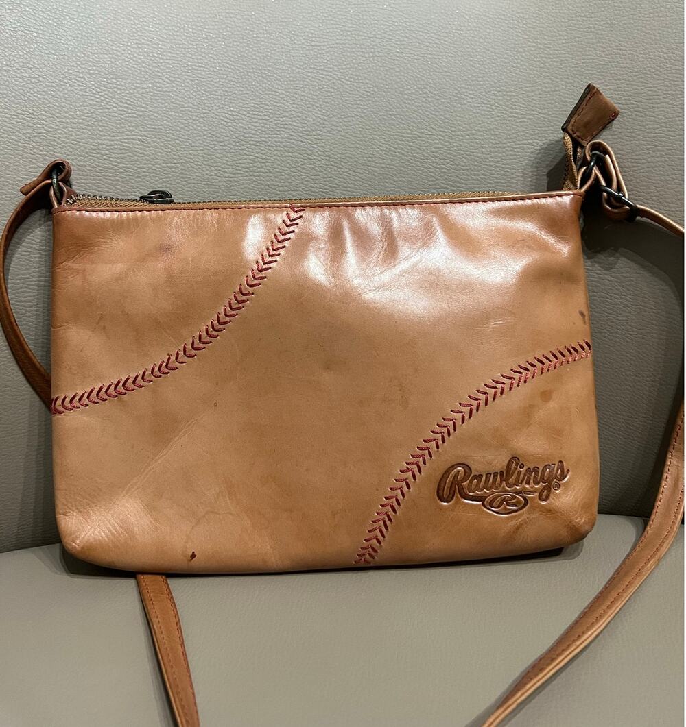 Rawlings Bag Purse Crossbody Tan Baseball Whipstitch Genuine Leather Zip